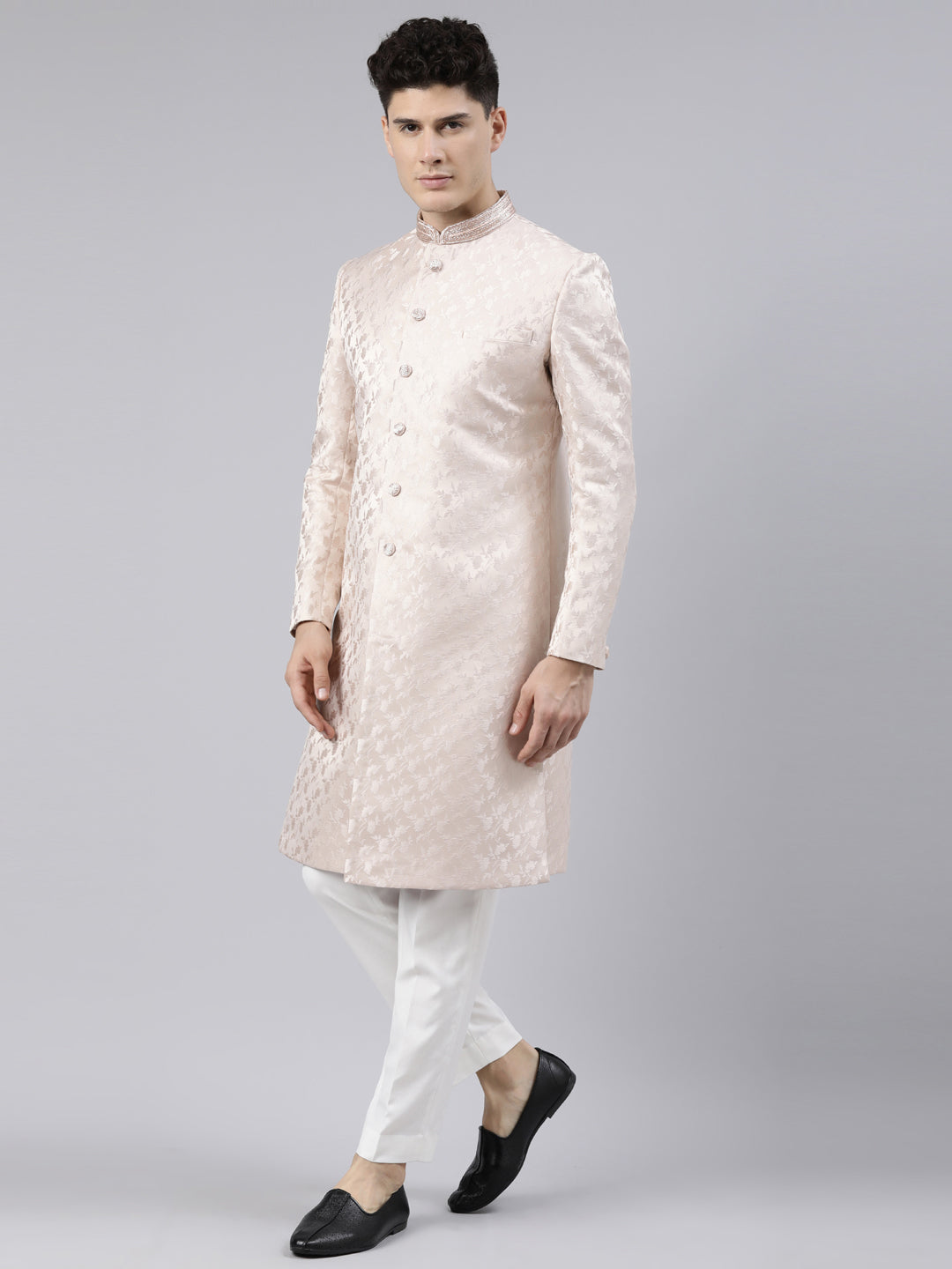 Peach Jacquard Achkan