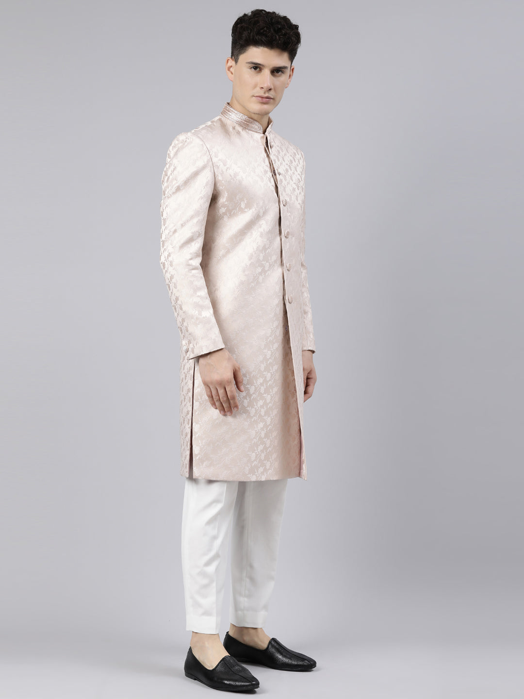 Peach Jacquard Achkan