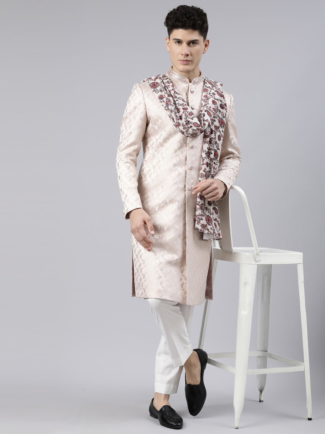 Peach Jacquard Achkan