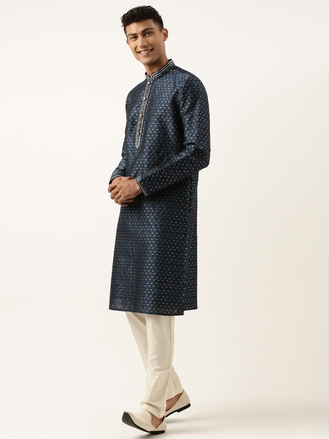 Navy-Gold Jacquard Kurta Set