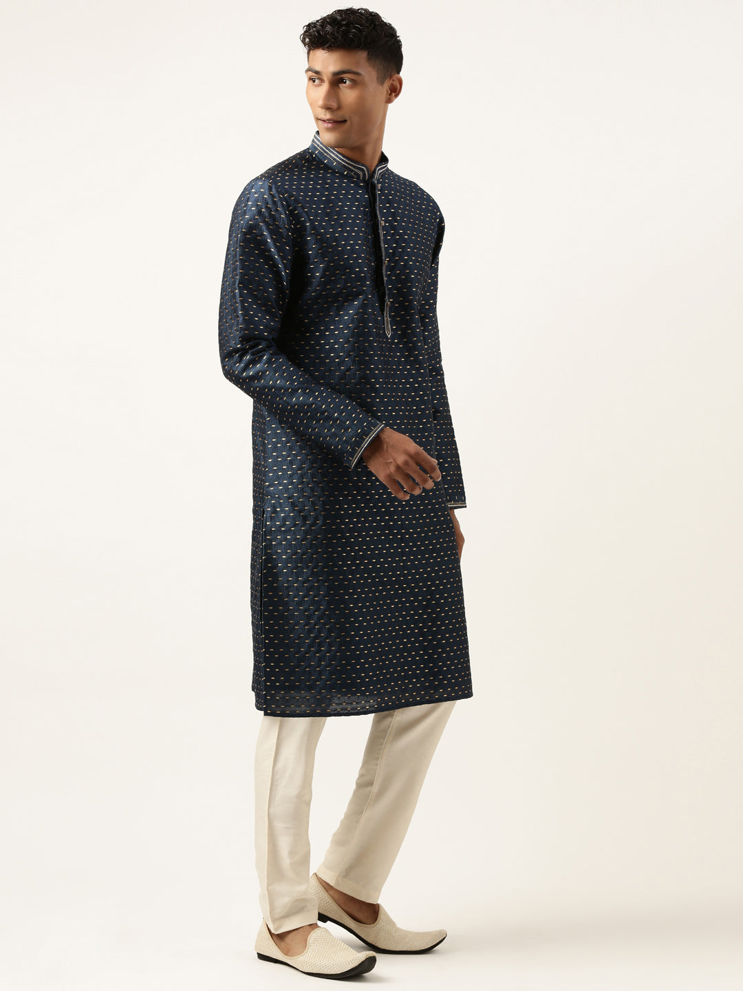 Navy-Gold Jacquard Kurta Set