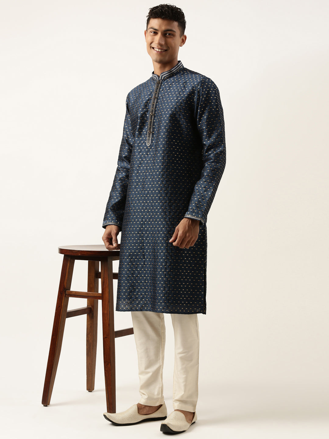 Navy-Gold Jacquard Kurta Set