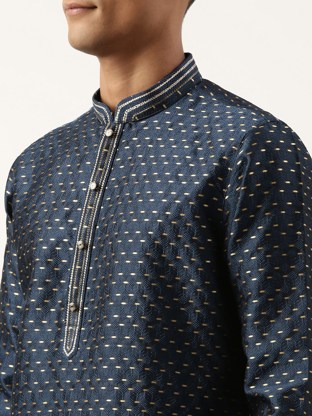 Navy-Gold Jacquard Kurta Set