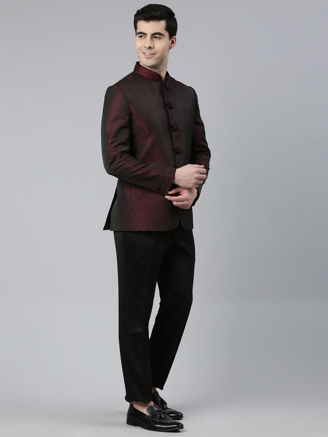 Maroon Black Shimmer Bandhgala Set