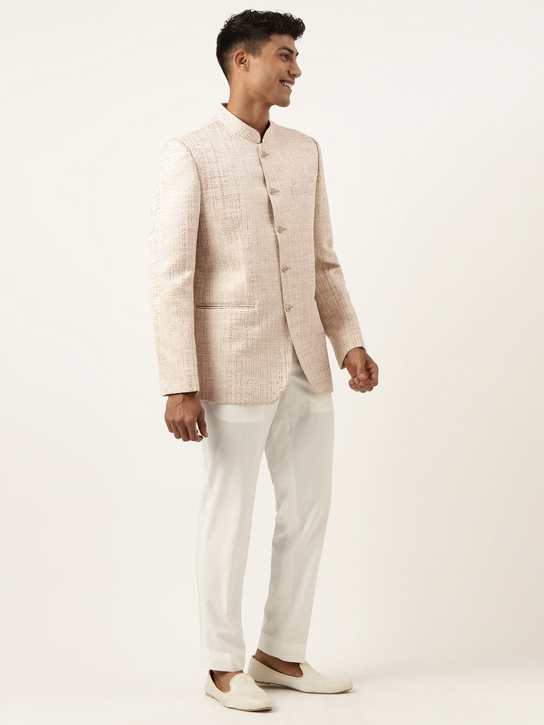 Pink Gold Jacquard Self-textured Bandhgala set