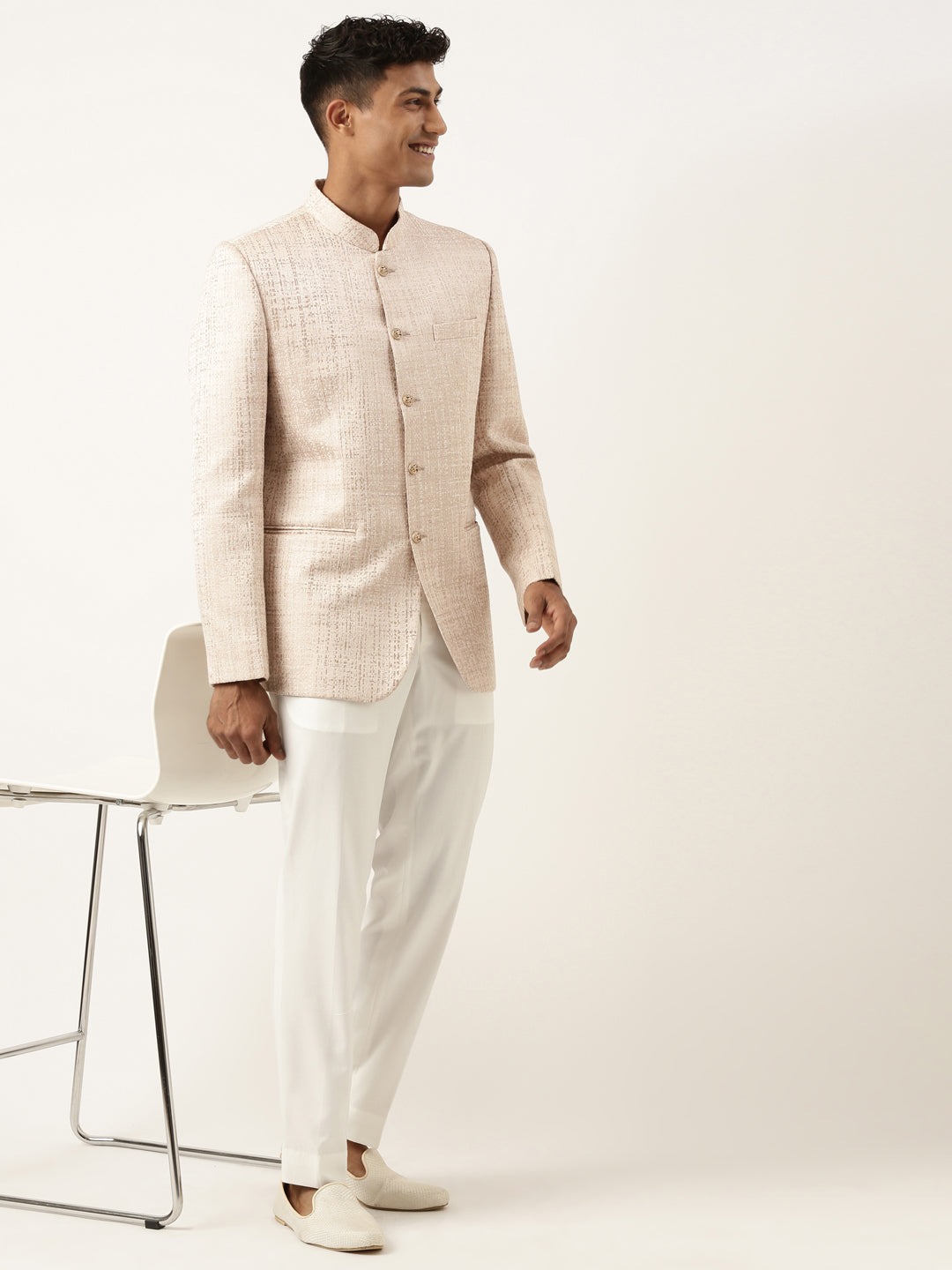 Pink Gold Jacquard Self-textured Bandhgala set