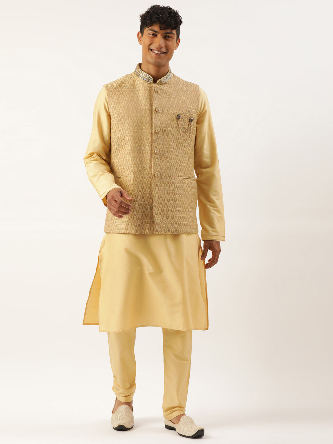 Gold Jacquard Jacket With Gold Kurta