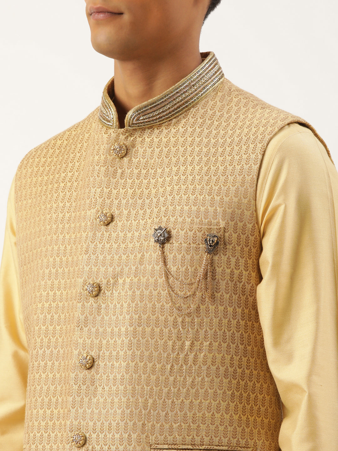 Gold Jacquard Jacket With Gold Kurta