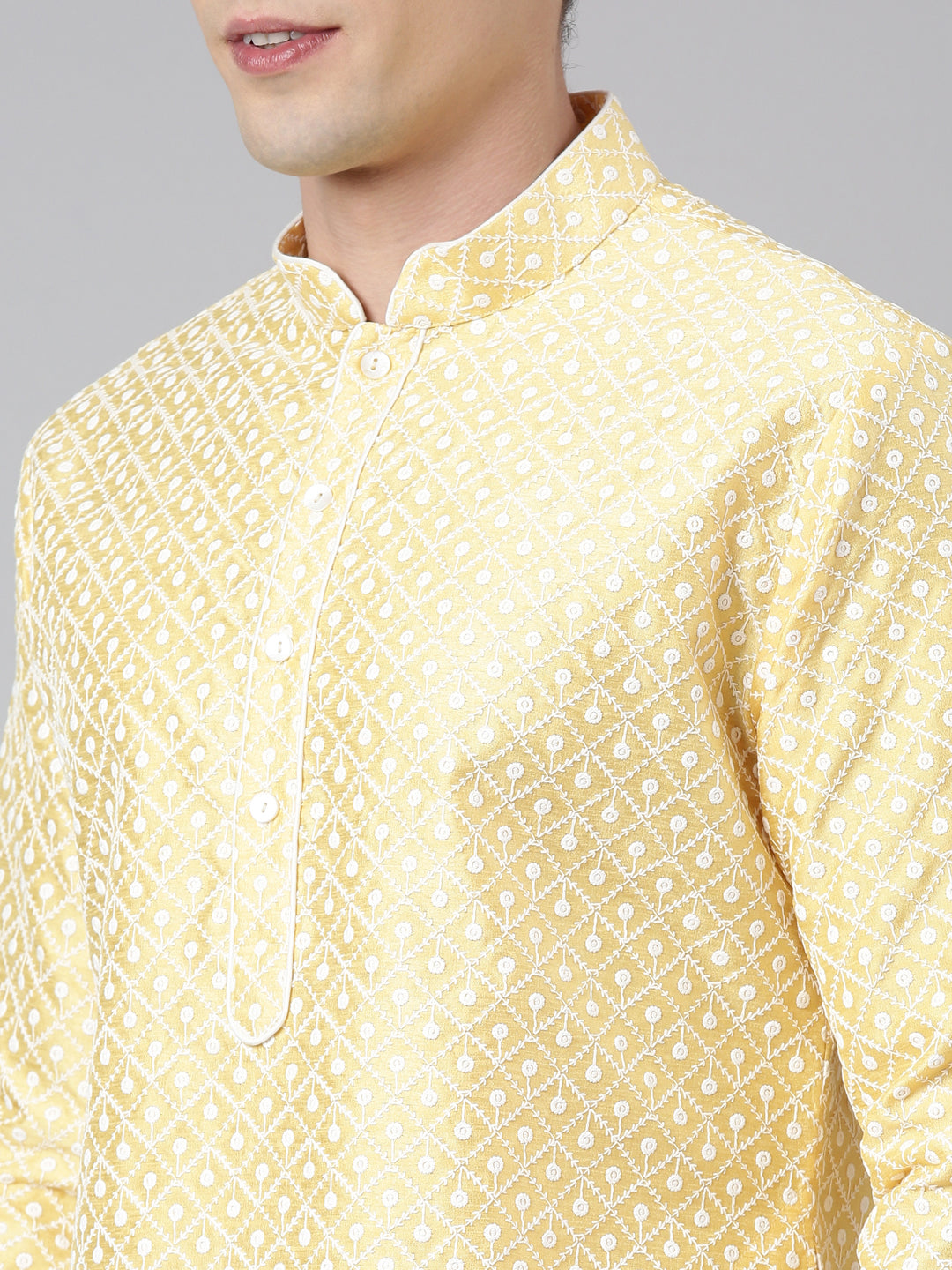 Festive Yellow Silk Chikankari Kurta Set