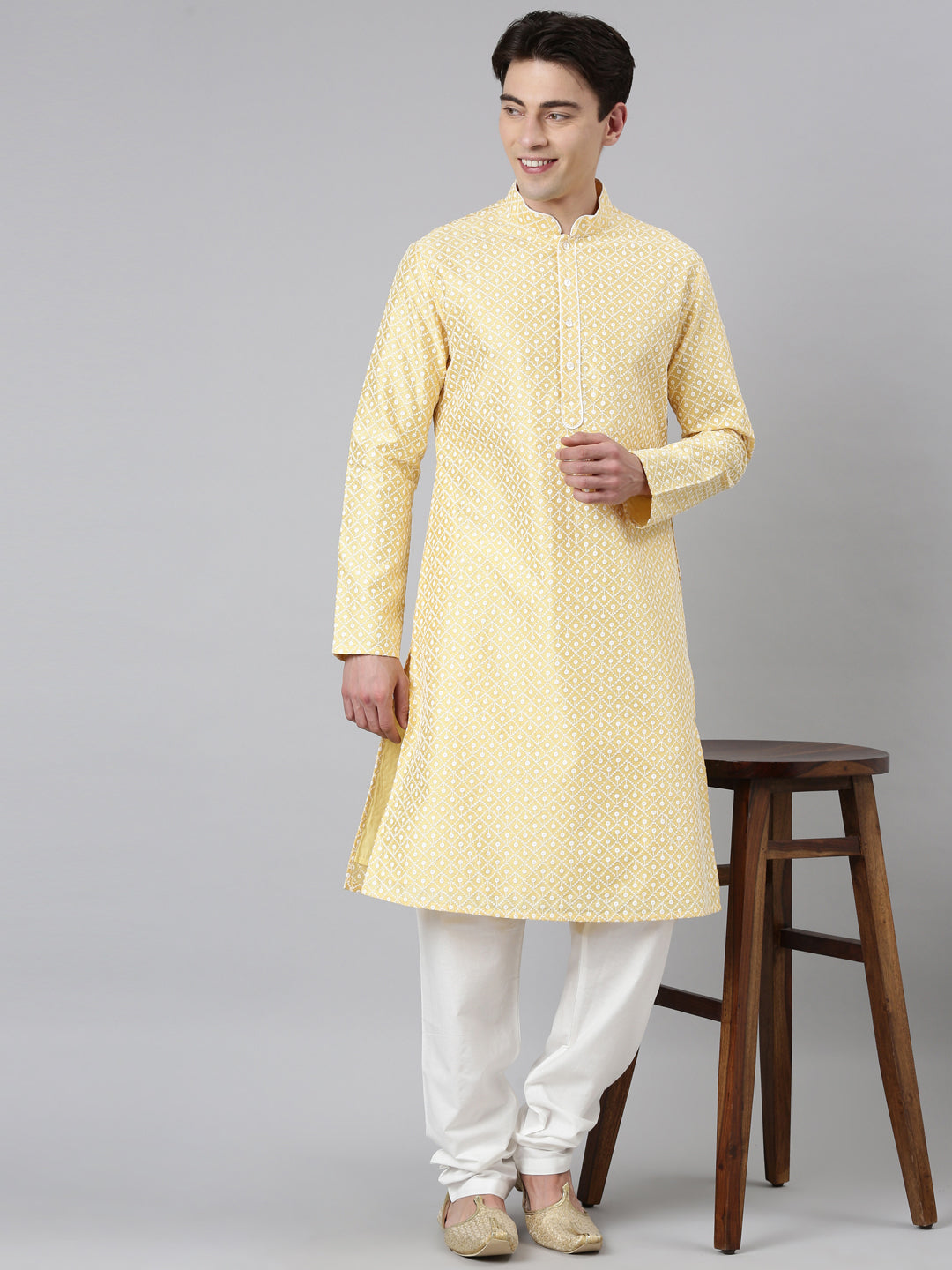 Festive Yellow Silk Chikankari Kurta Set