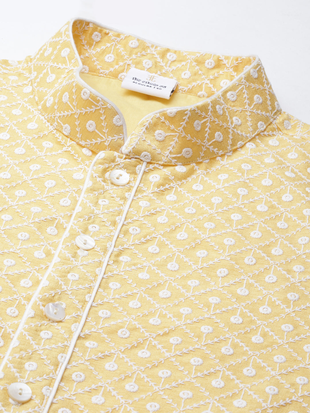 Festive Yellow Silk Chikankari Kurta Set