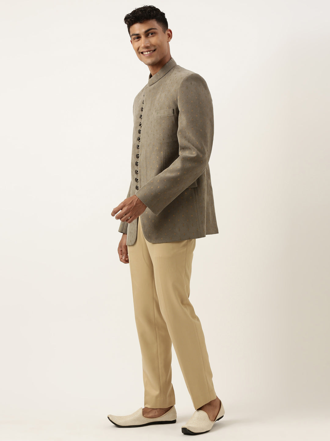 Olive Suede fabric with Golden motifs Bandhgala Set