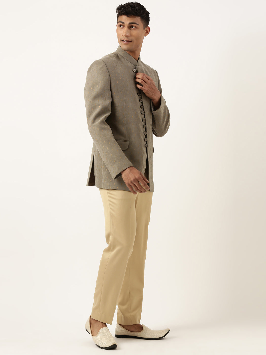 Olive Suede fabric with Golden motifs Bandhgala Set