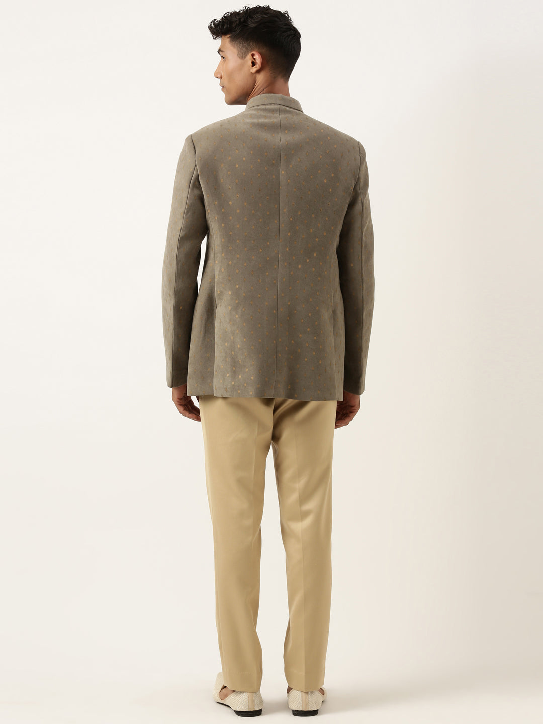Olive Suede fabric with Golden motifs Bandhgala Set
