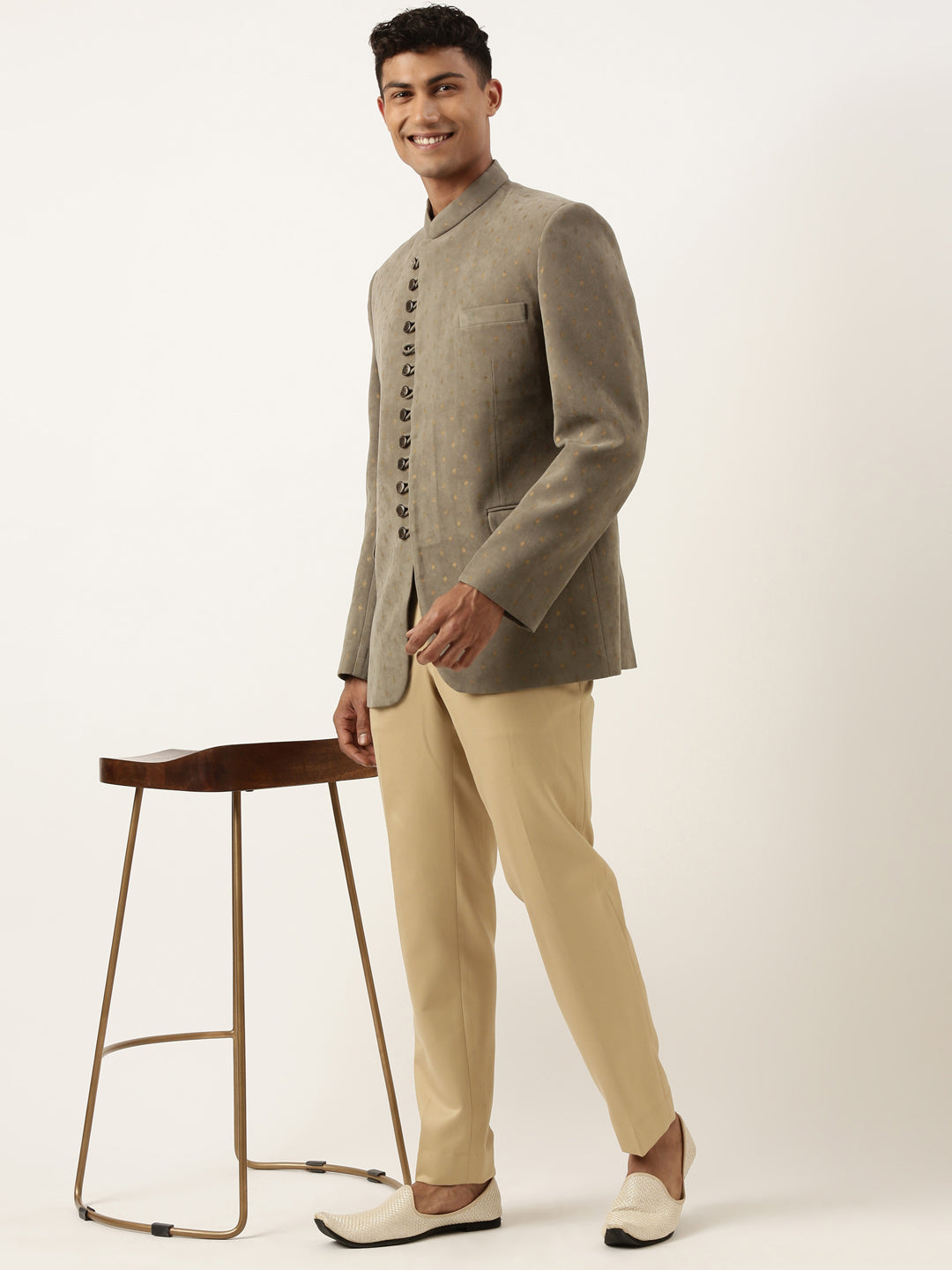 Olive Suede fabric with Golden motifs Bandhgala Set