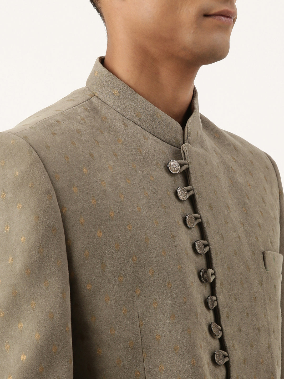 Olive Suede fabric with Golden motifs Bandhgala Set