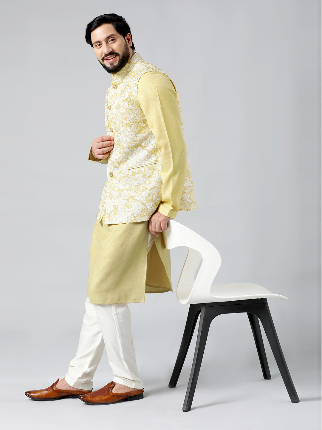 Mustard Textured Jacket With Mustard Kurta