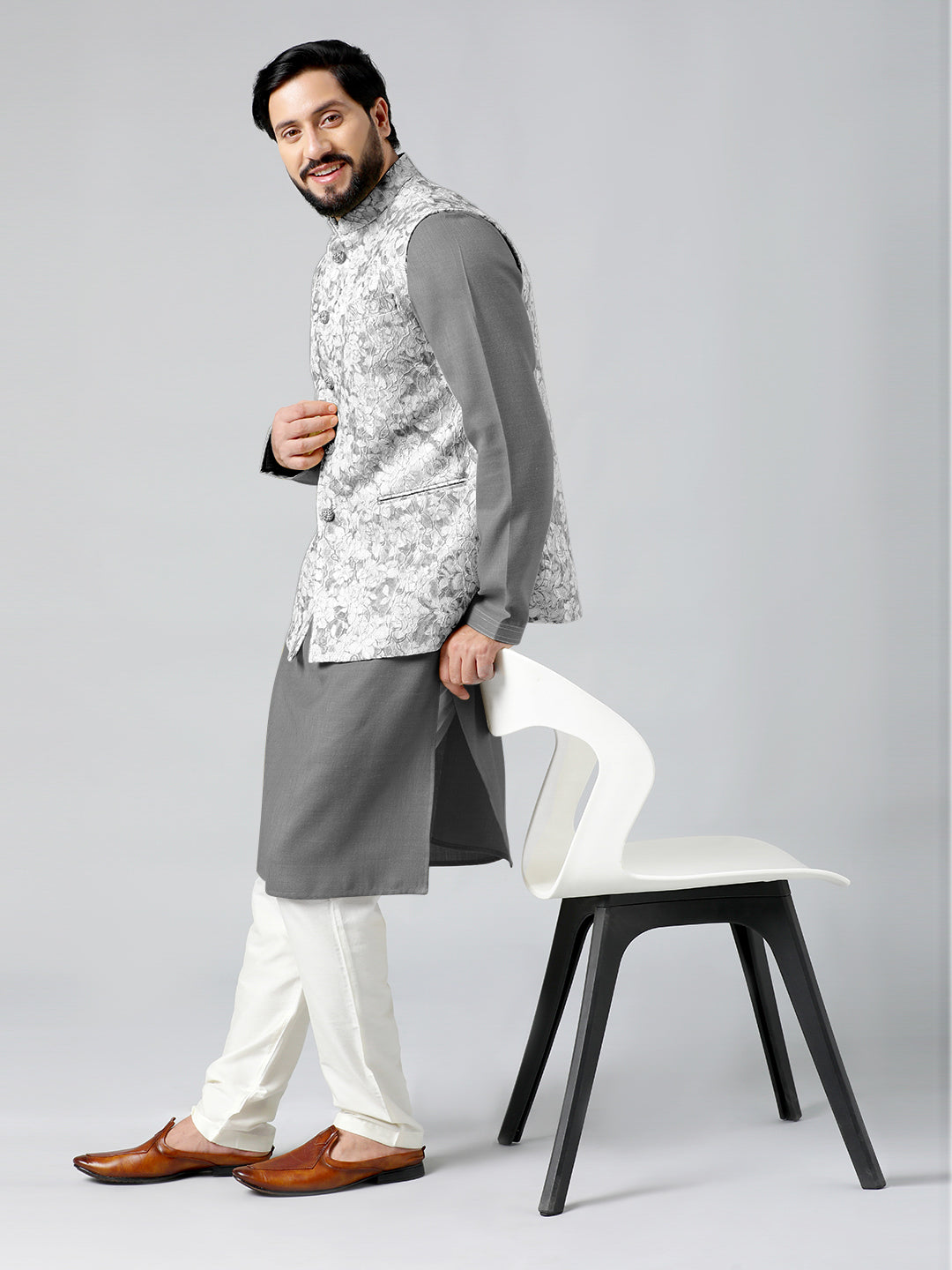 Grey Textured Jacket With Grey Kurta Set