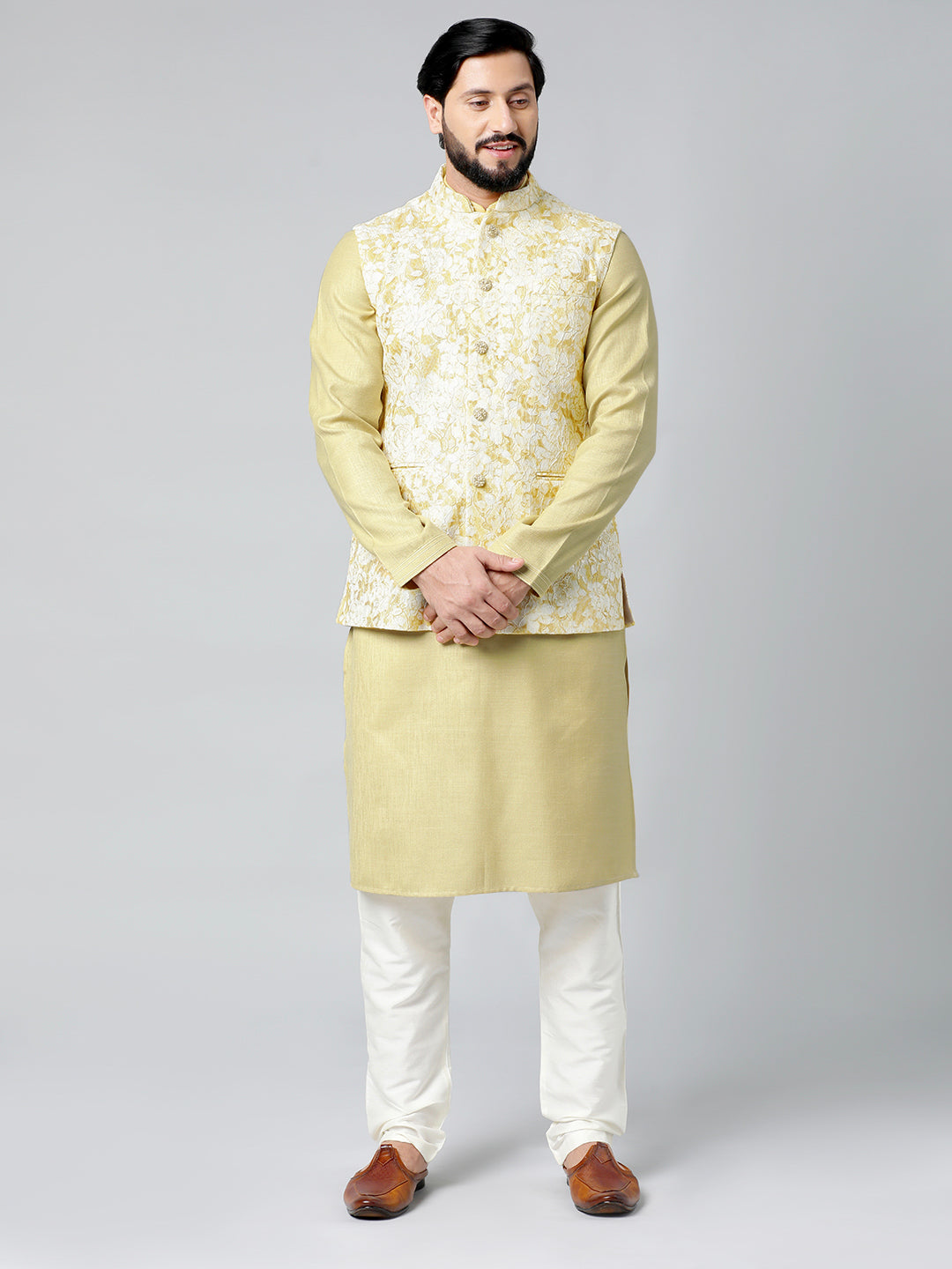 Mustard Textured Jacket With Mustard Kurta