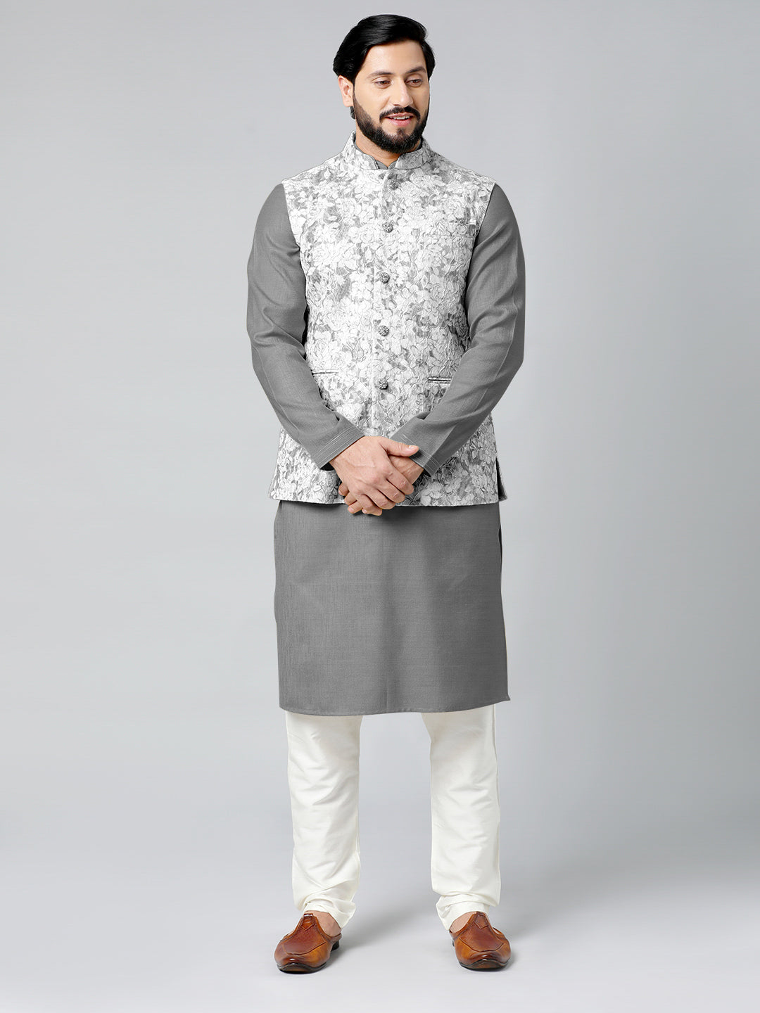 Grey Textured Jacket With Grey Kurta Set