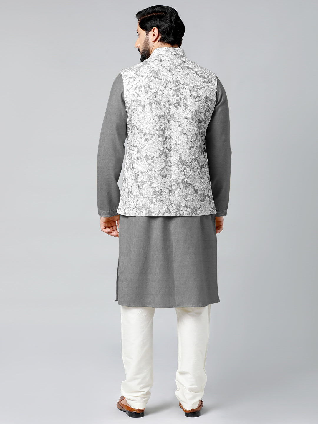 Grey Textured Jacket With Grey Kurta Set