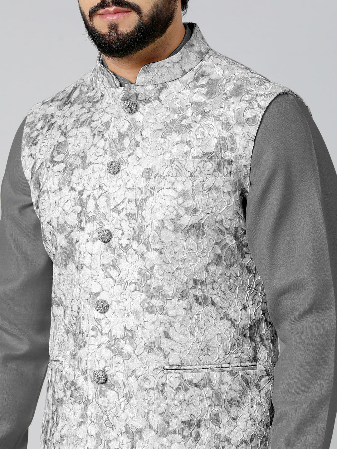 Grey Textured Jacket With Grey Kurta Set