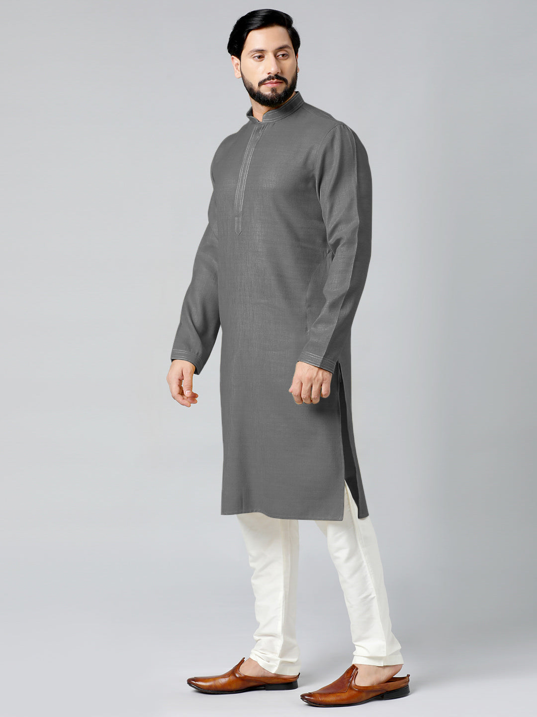 Grey Textured Jacket With Grey Kurta Set