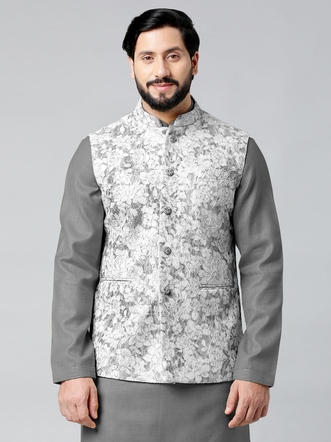 Grey Textured Jacket With Grey Kurta Set