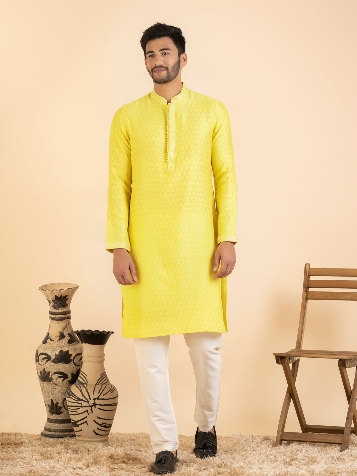 JACQUARD YELLOW KURTA SET