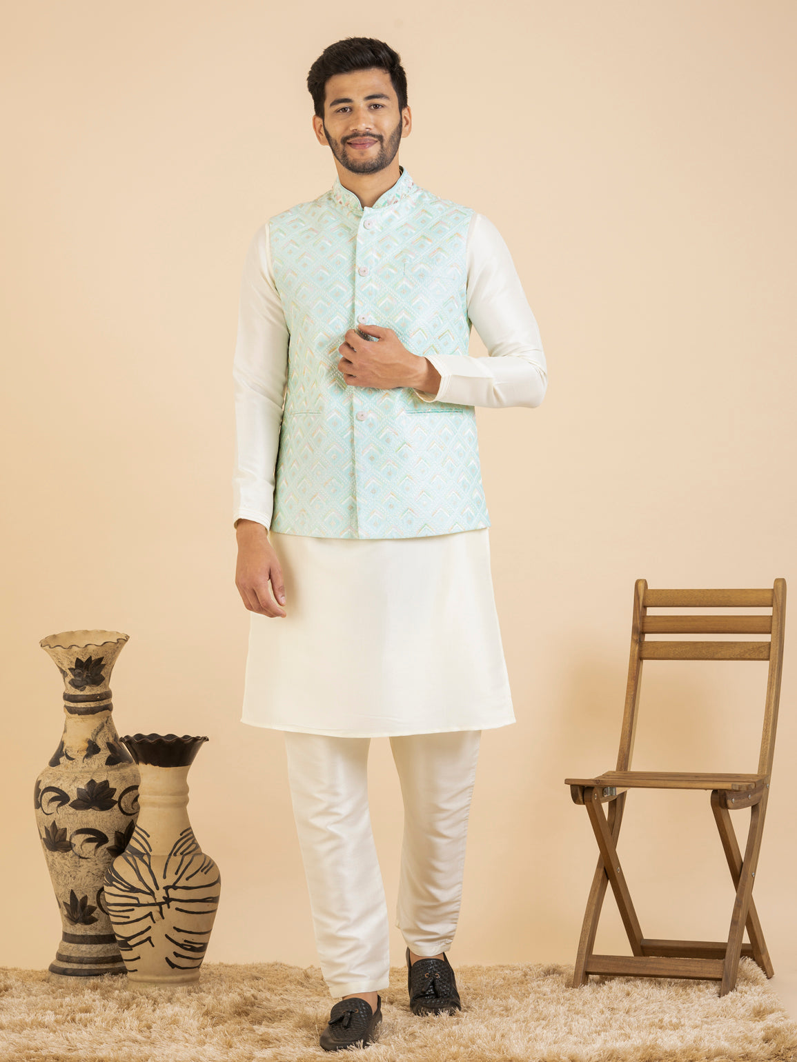 Light Blue Chikankari Jacket Kurta Set