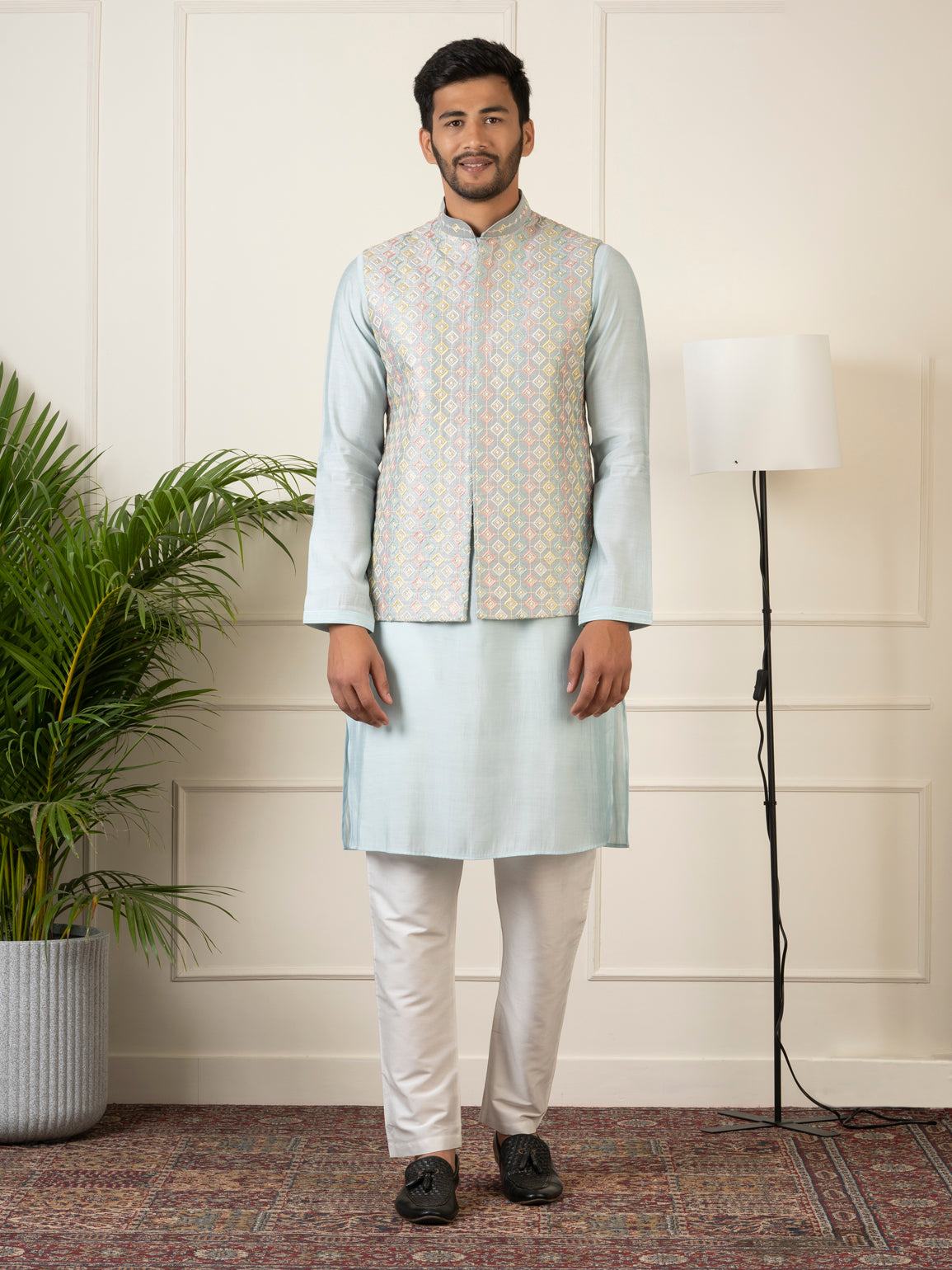 Grey Embroidered Jacket Kurta Set