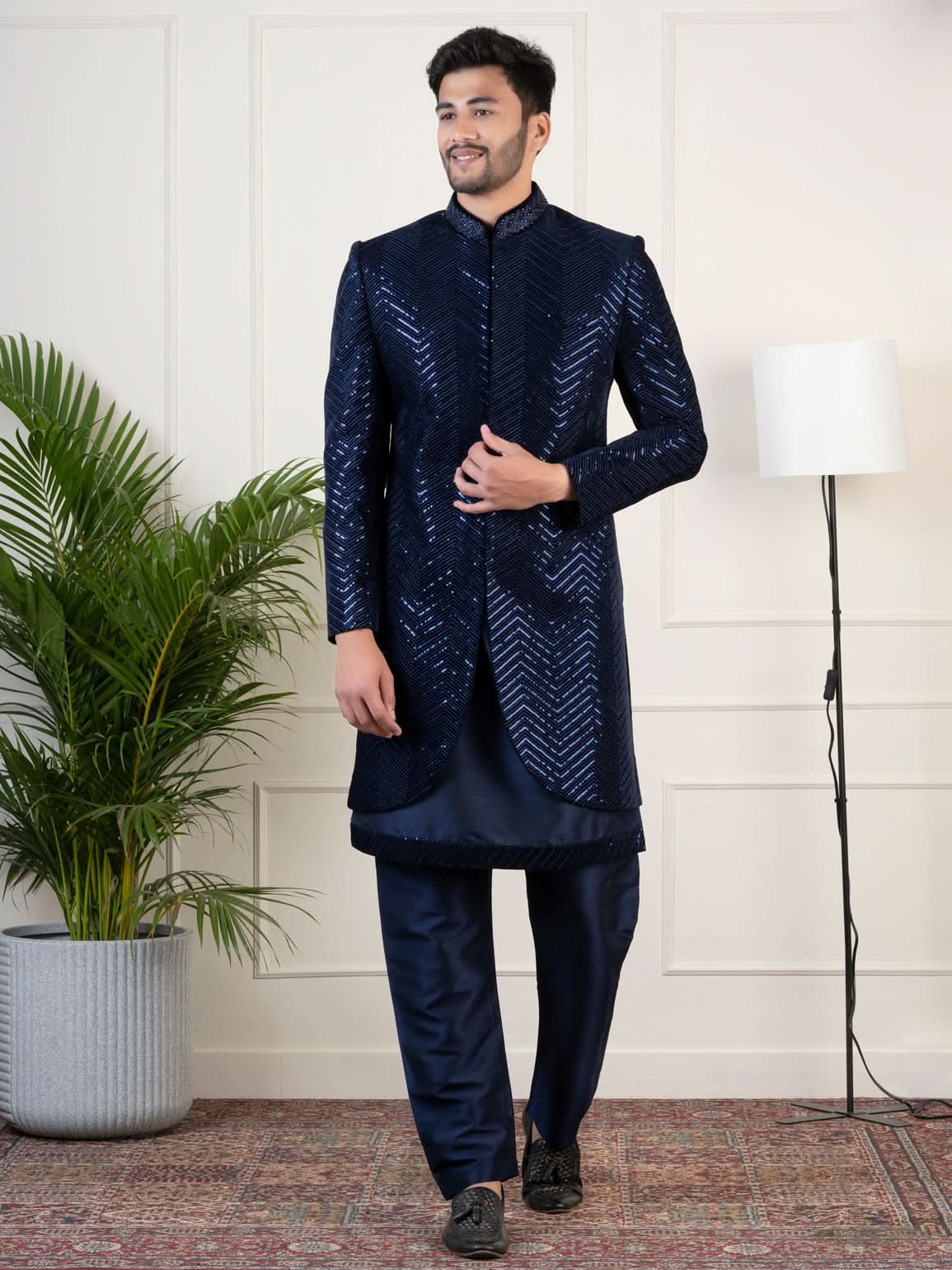 Navy Velvet Sequin Embroidered Indowestern