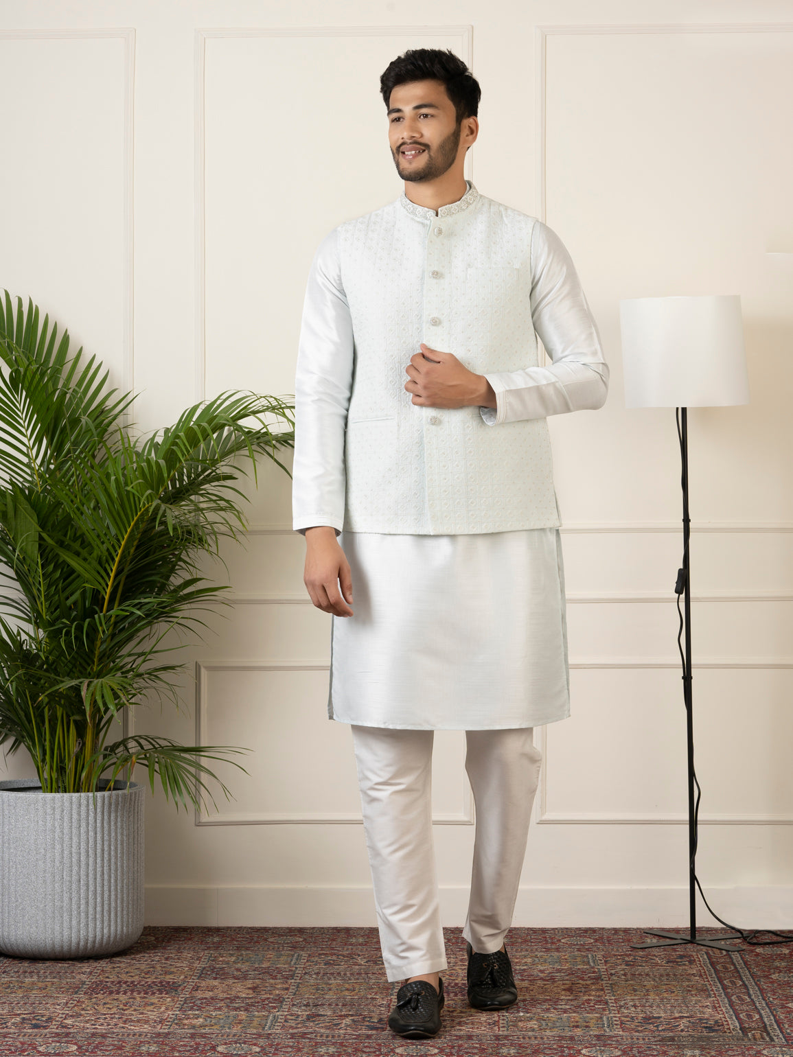 Sky Blue Embroidered Jacket Kurta Set