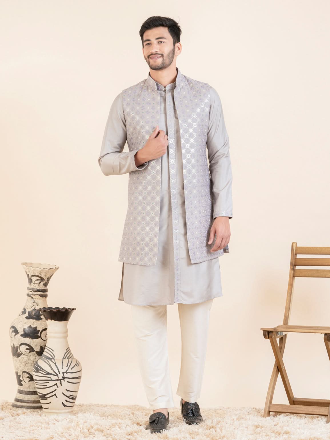 Lilac Embroidered Long Jacket Kurta Set