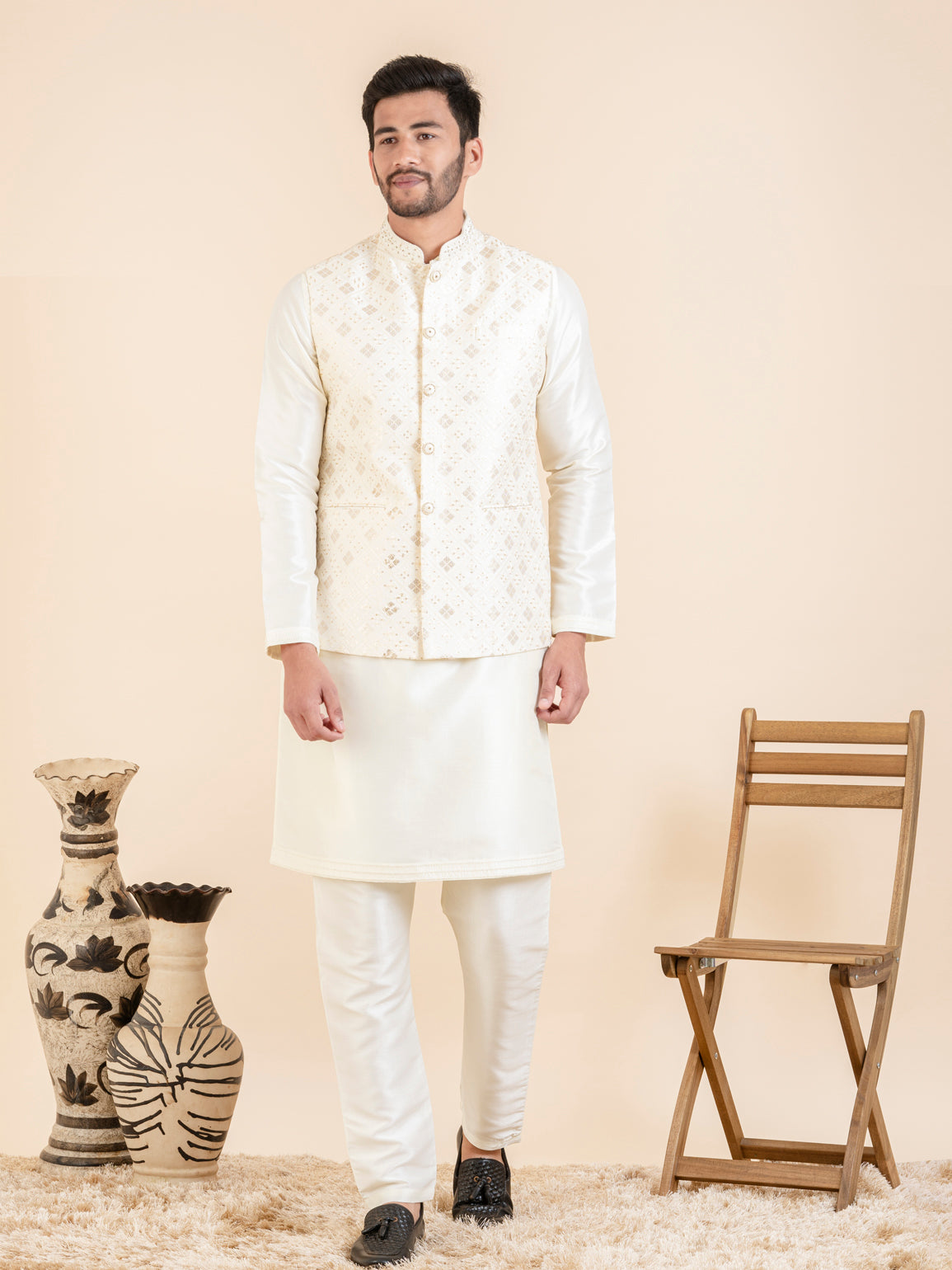 Cream Sequin Embroidered Jacket Kurta Set