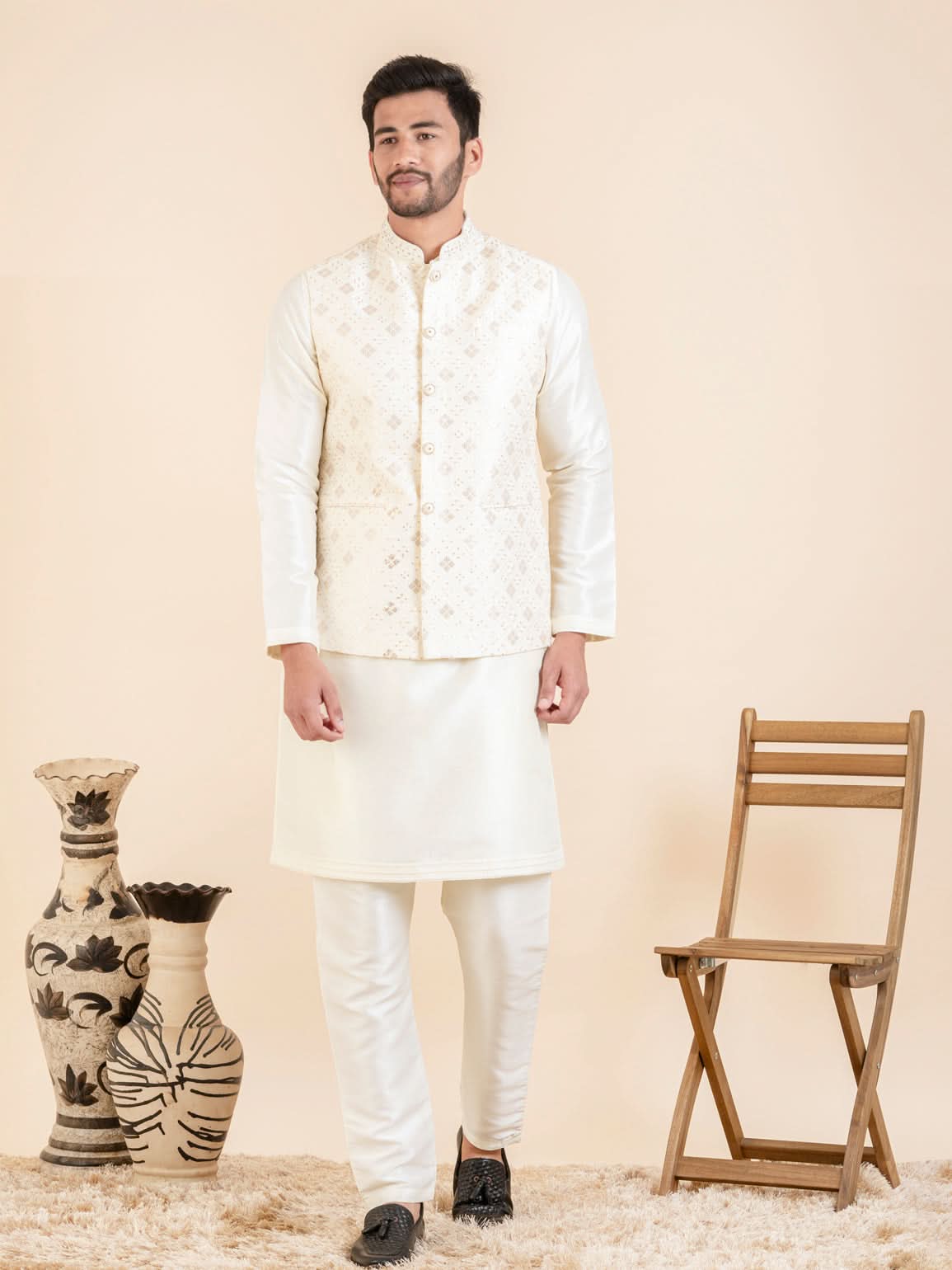 Cream Sequin Embroidered Jacket Kurta Set