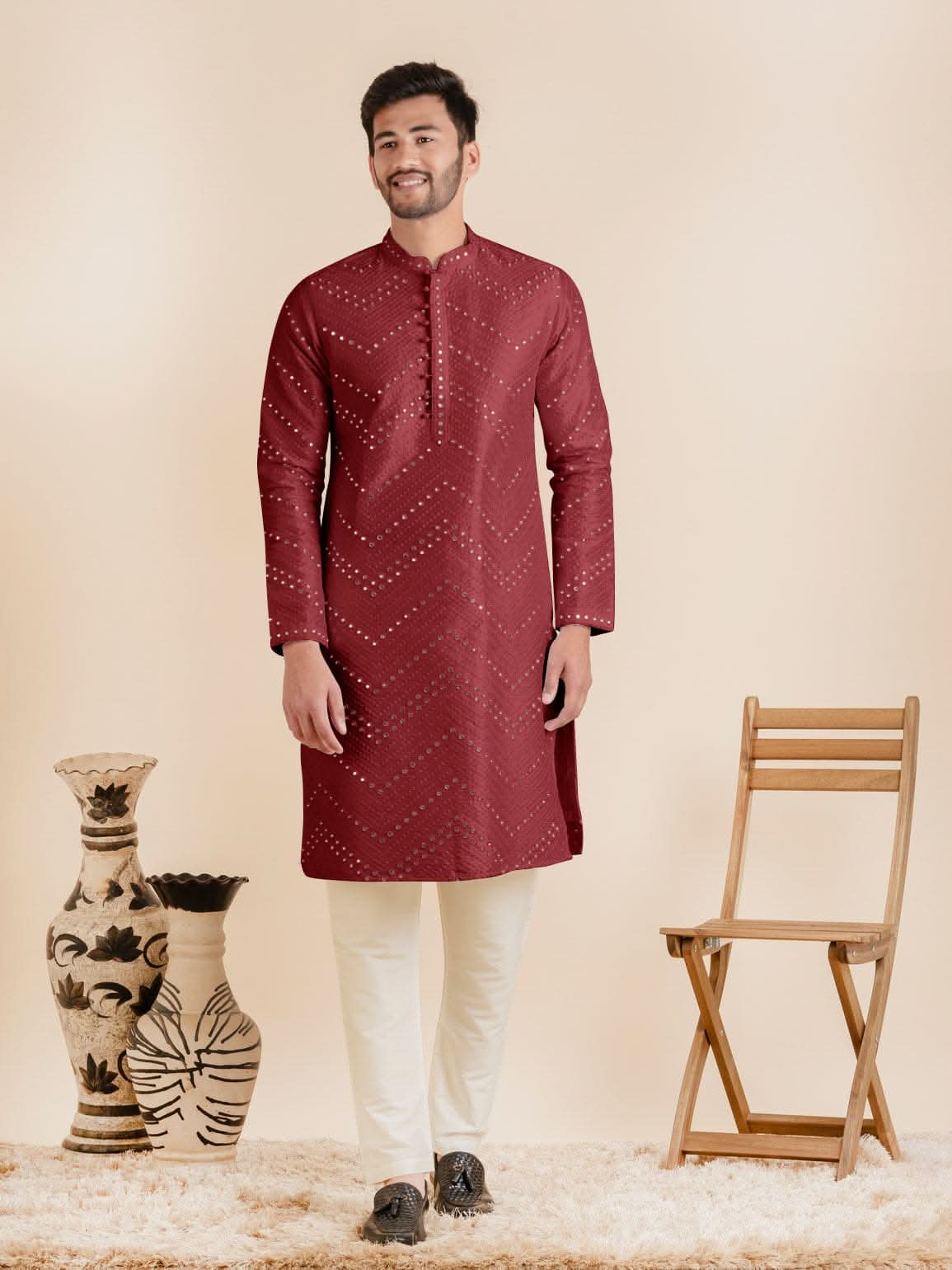 Maroon Silk Mirror Embroidered Kurta Set