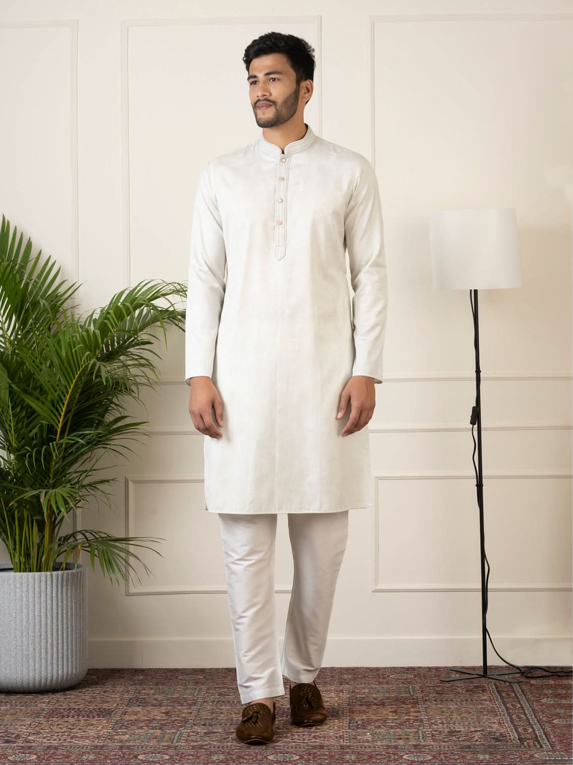 Off White Jacquard Embroidered Kurta Set