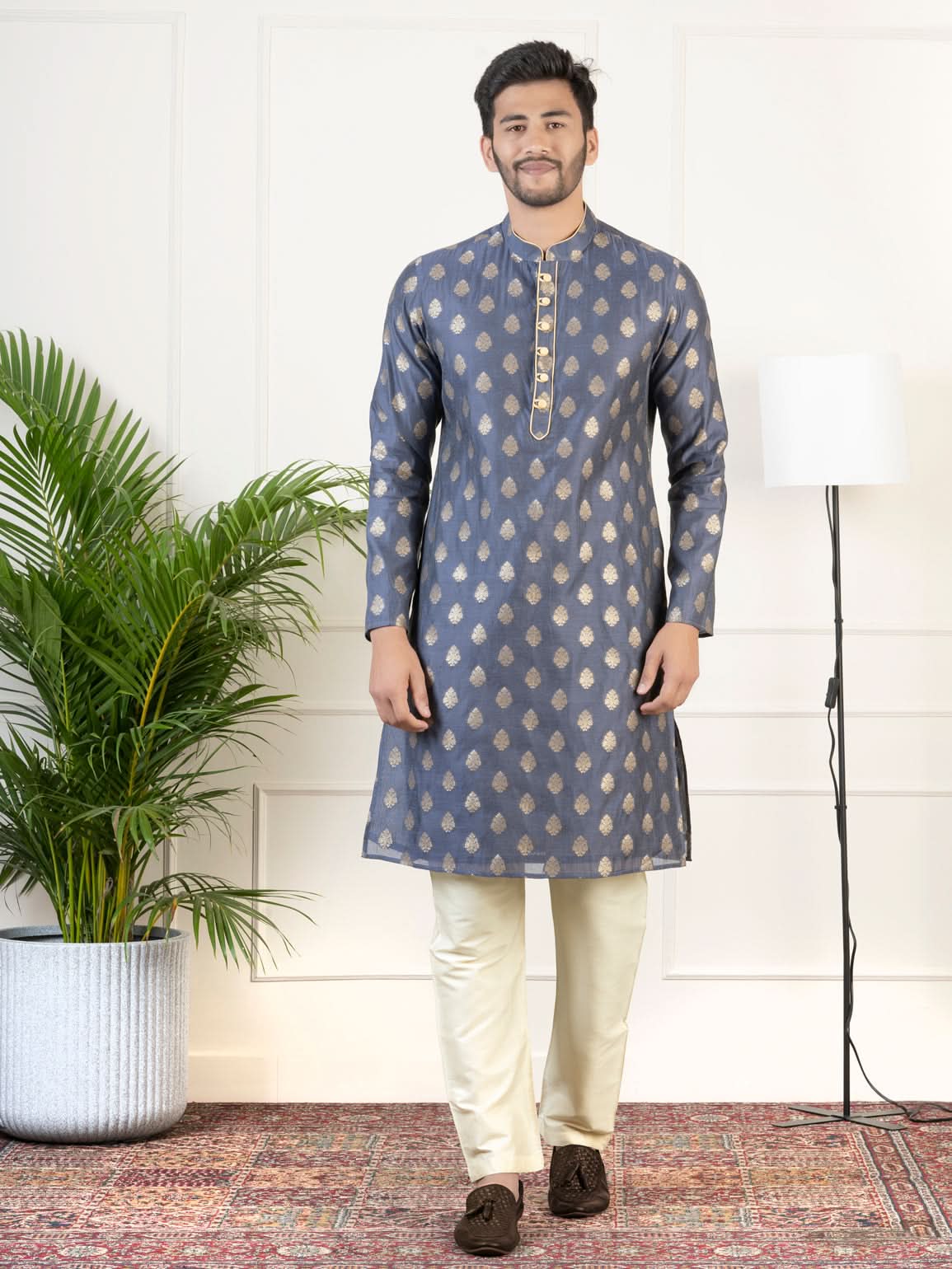 Navy Jacquard Golden Booti Chanderi Silk Kurta Set