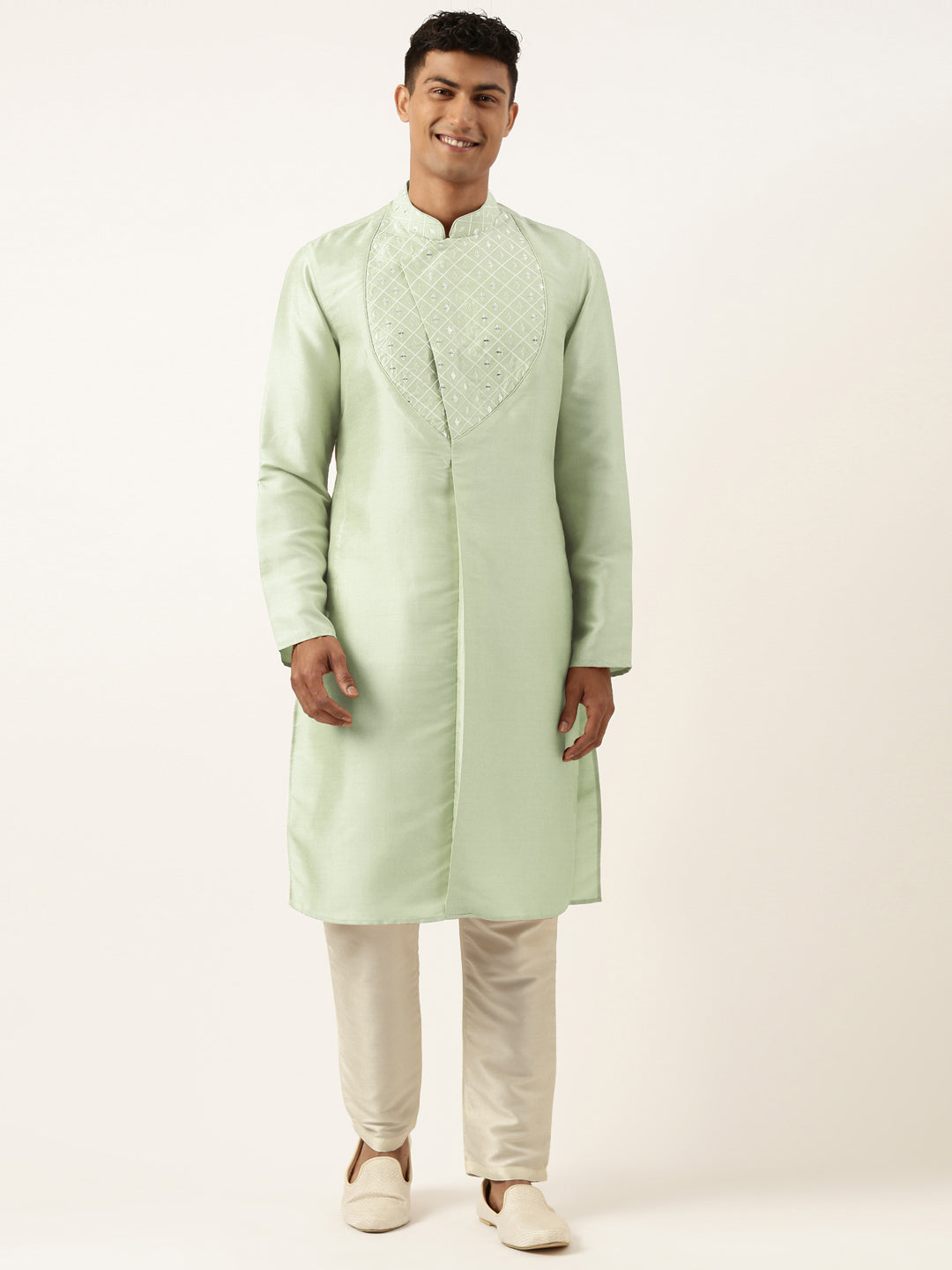 Pistachio Green Embroidery Angrakha Kurta Set