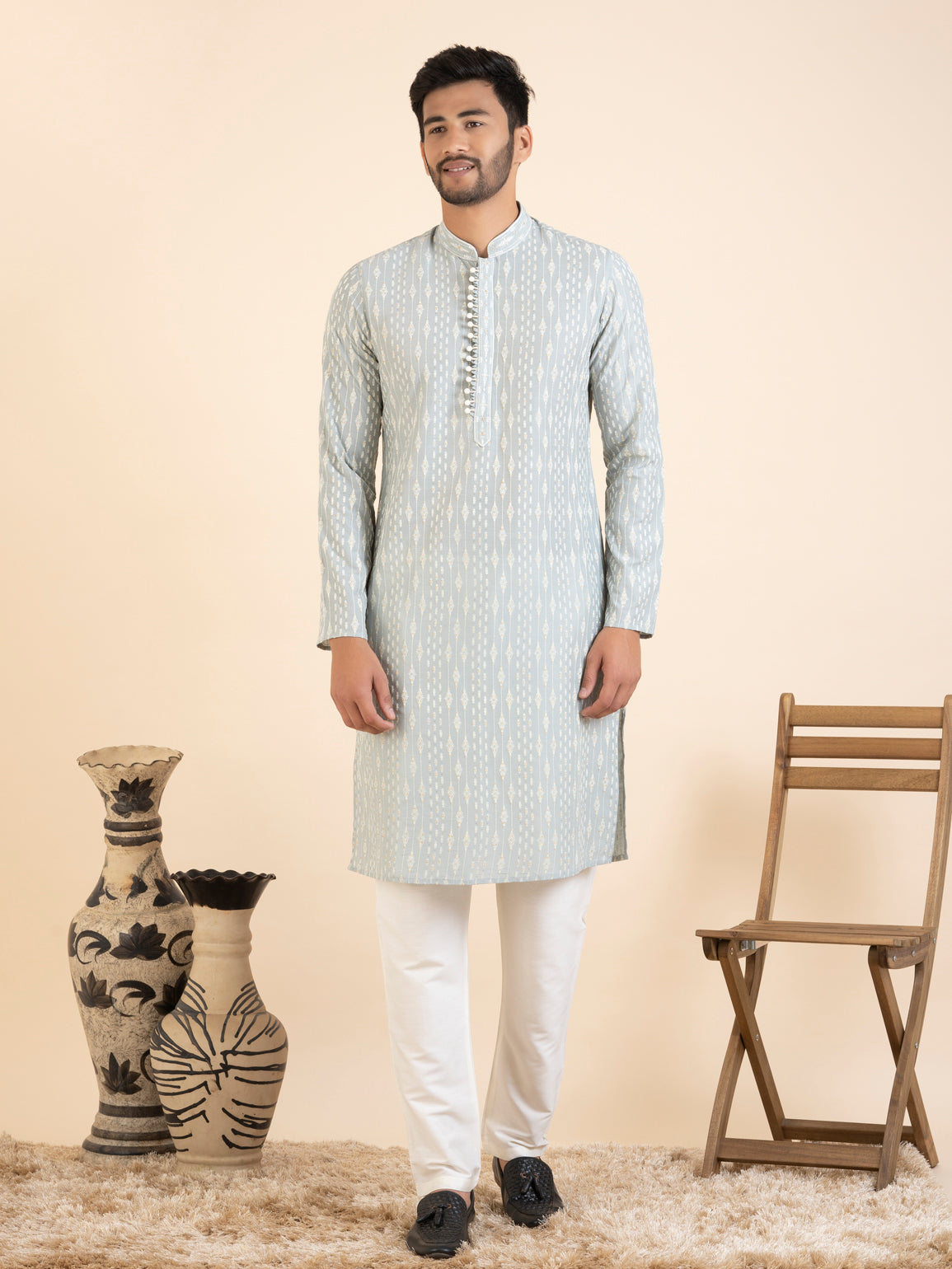 Greyish Blue Embroidered Kurta Set