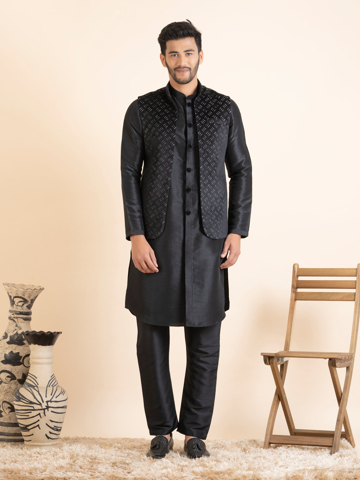 Black Lazer Cut Jacket with Front Open Kurta Set