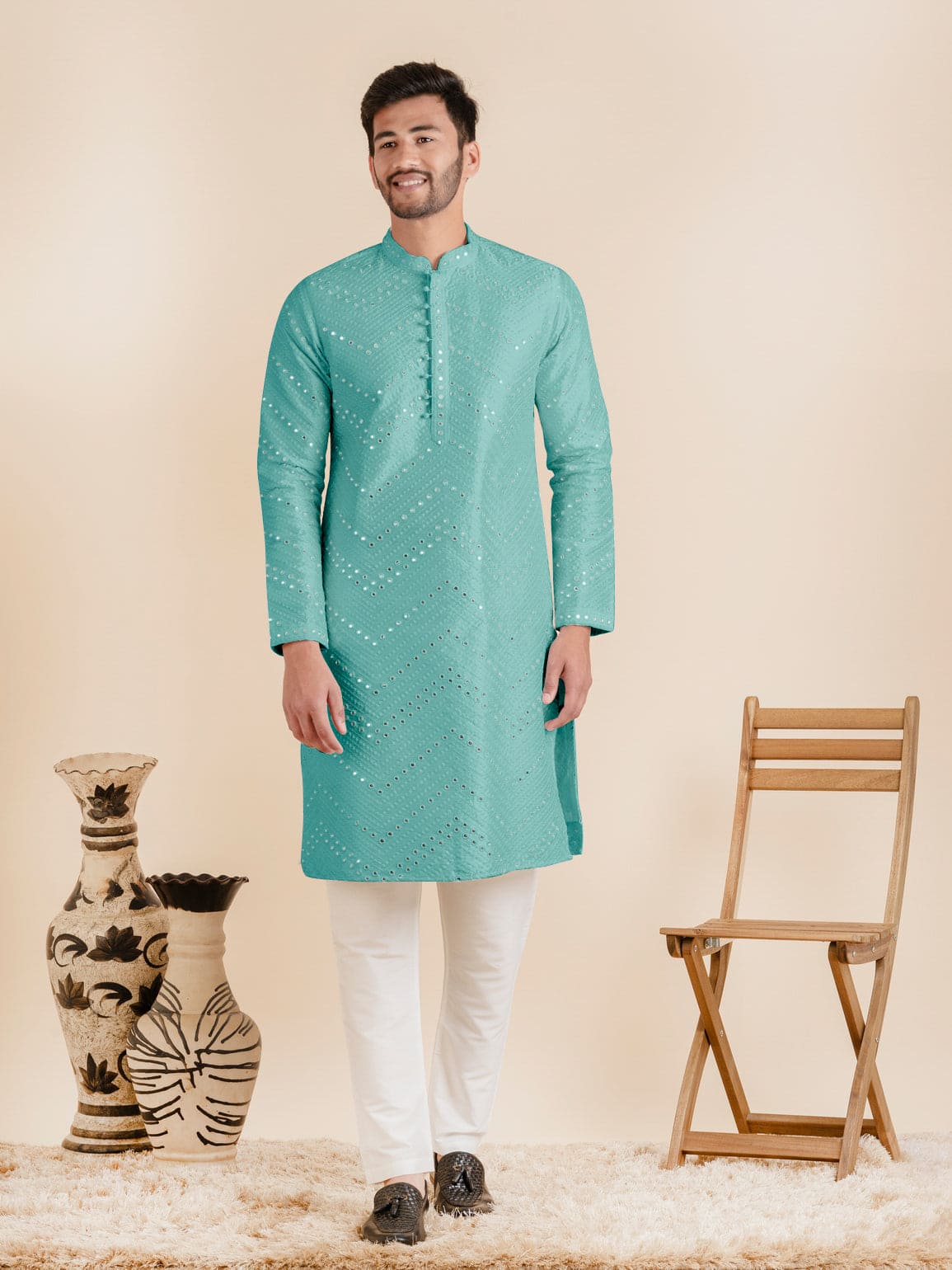 Light Blue Silk Mirror Embroidered Kurta Set