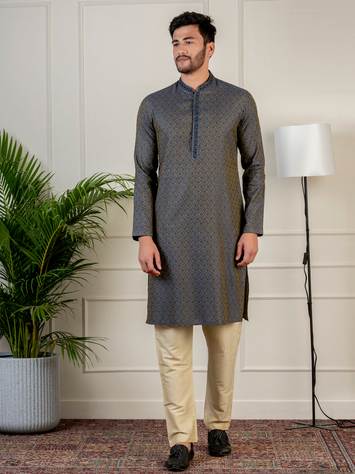 Navy Jacquard Embroidered Kurta Set