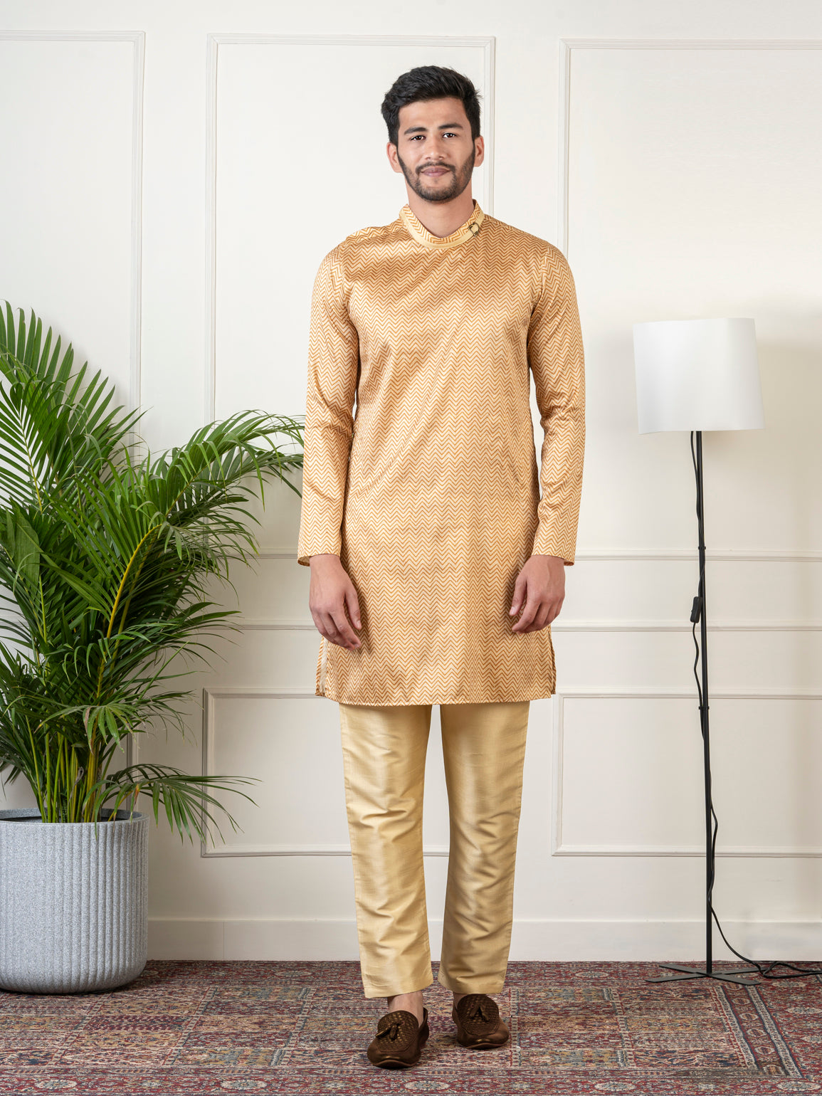 Gold  Harring bone Print Kurta Set