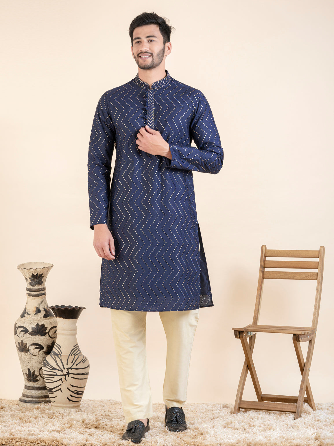 Navy Zigzag Embroidered Kurta Set