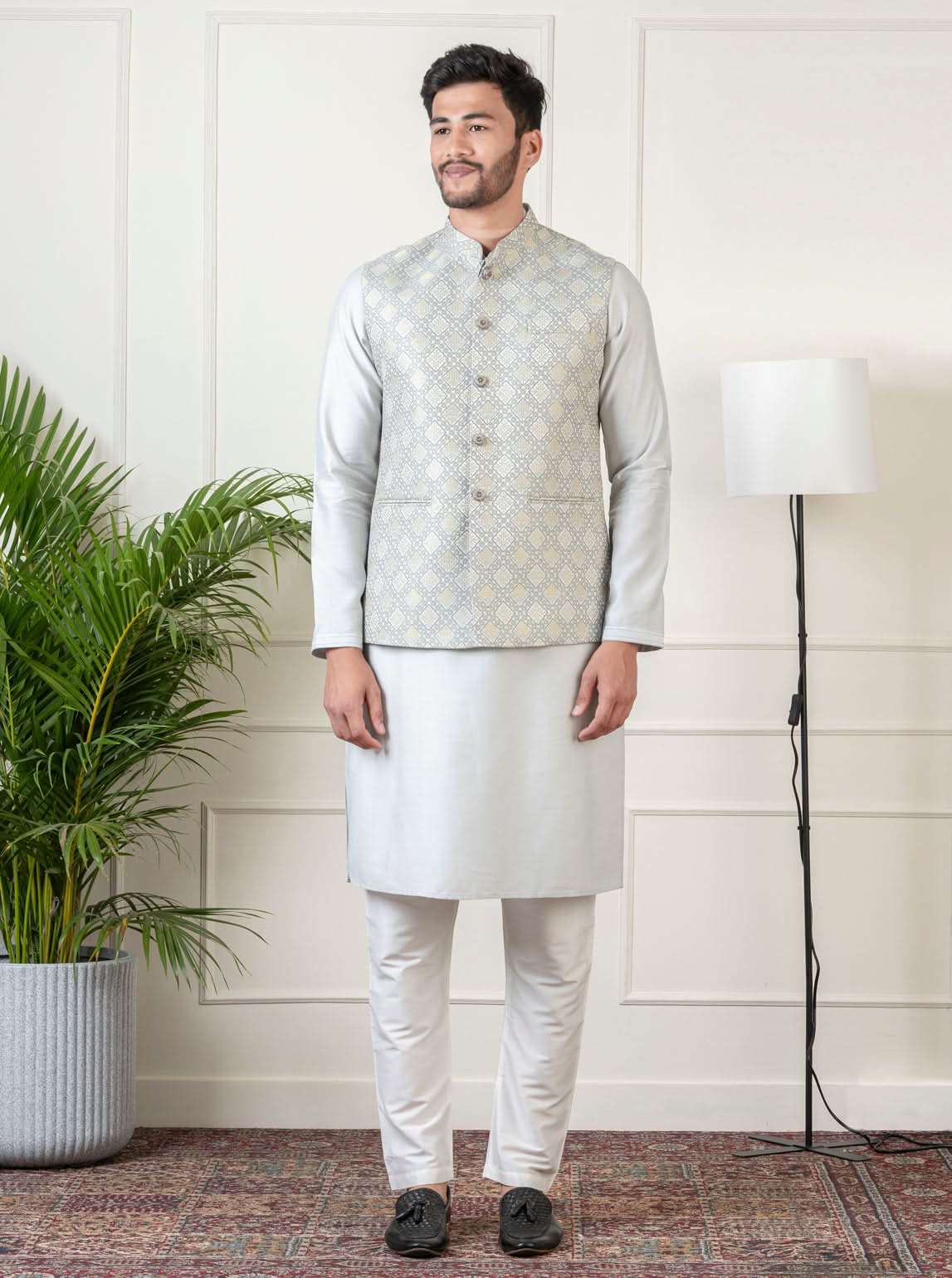 Ivory Grey Jacquard Jacket Kurta Set