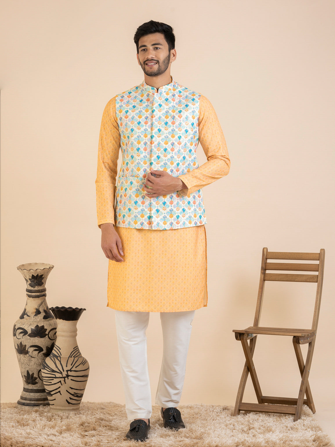 White Vibrant Cotton Printed Jacket Kurta Set
