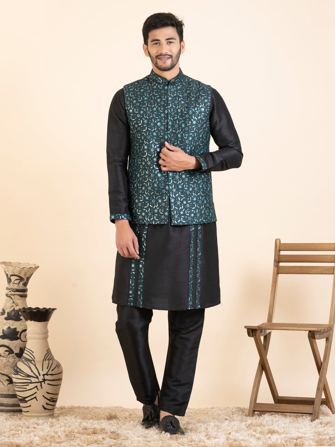 Green Embroidered  Jacket Kurta Set