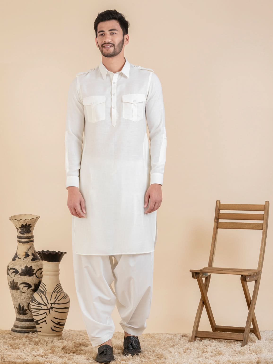 Cream cotton Pathani with Salwar